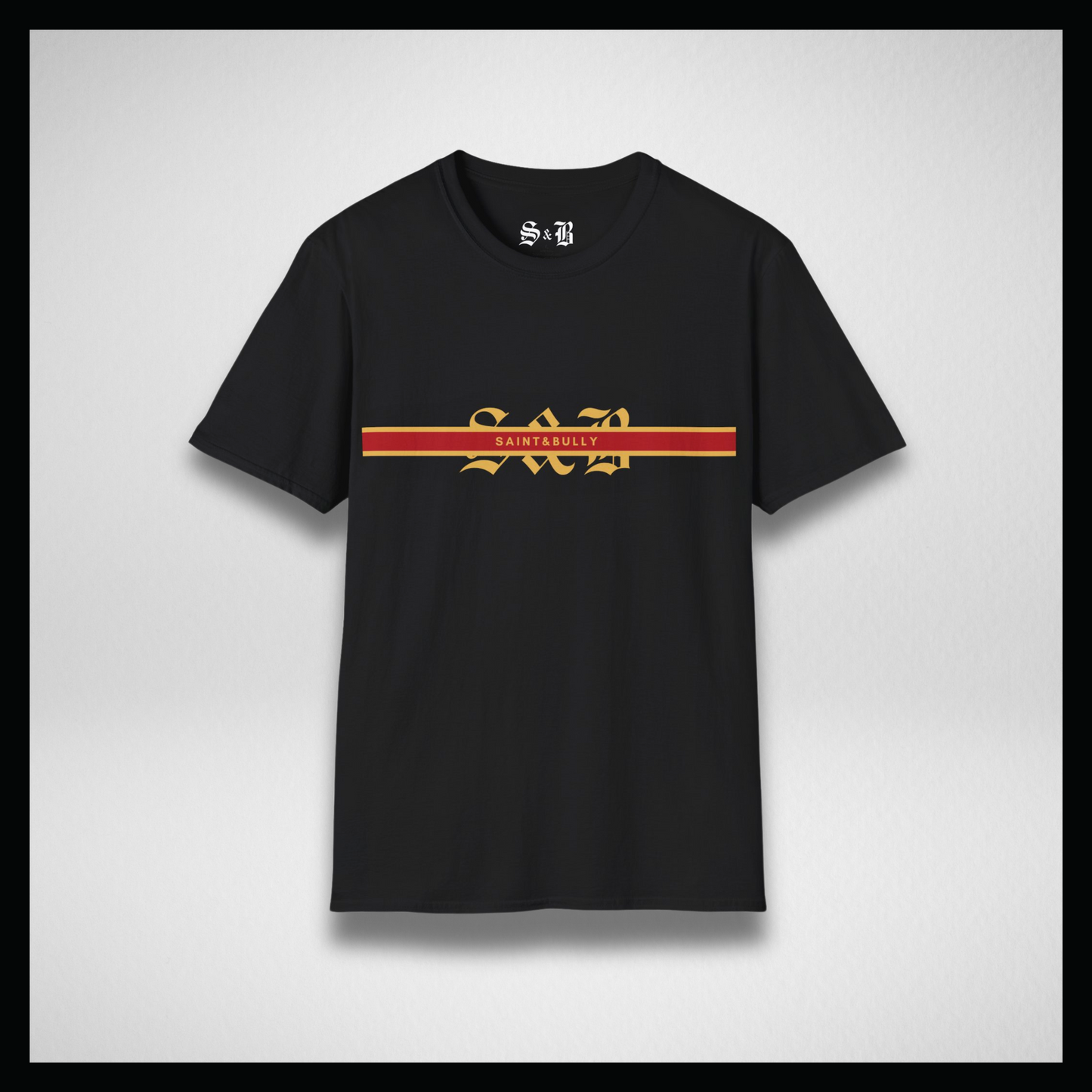 Black T-shirt, Gold logo and stripes