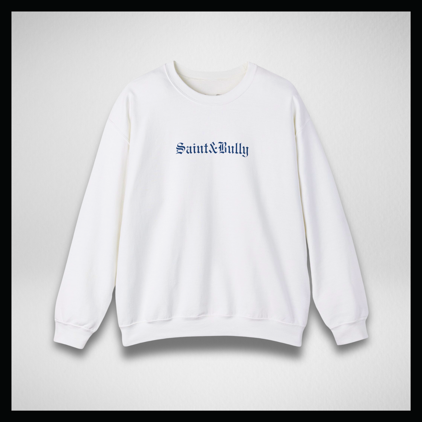 White crewneck, Blue classic "Saint&Bully"