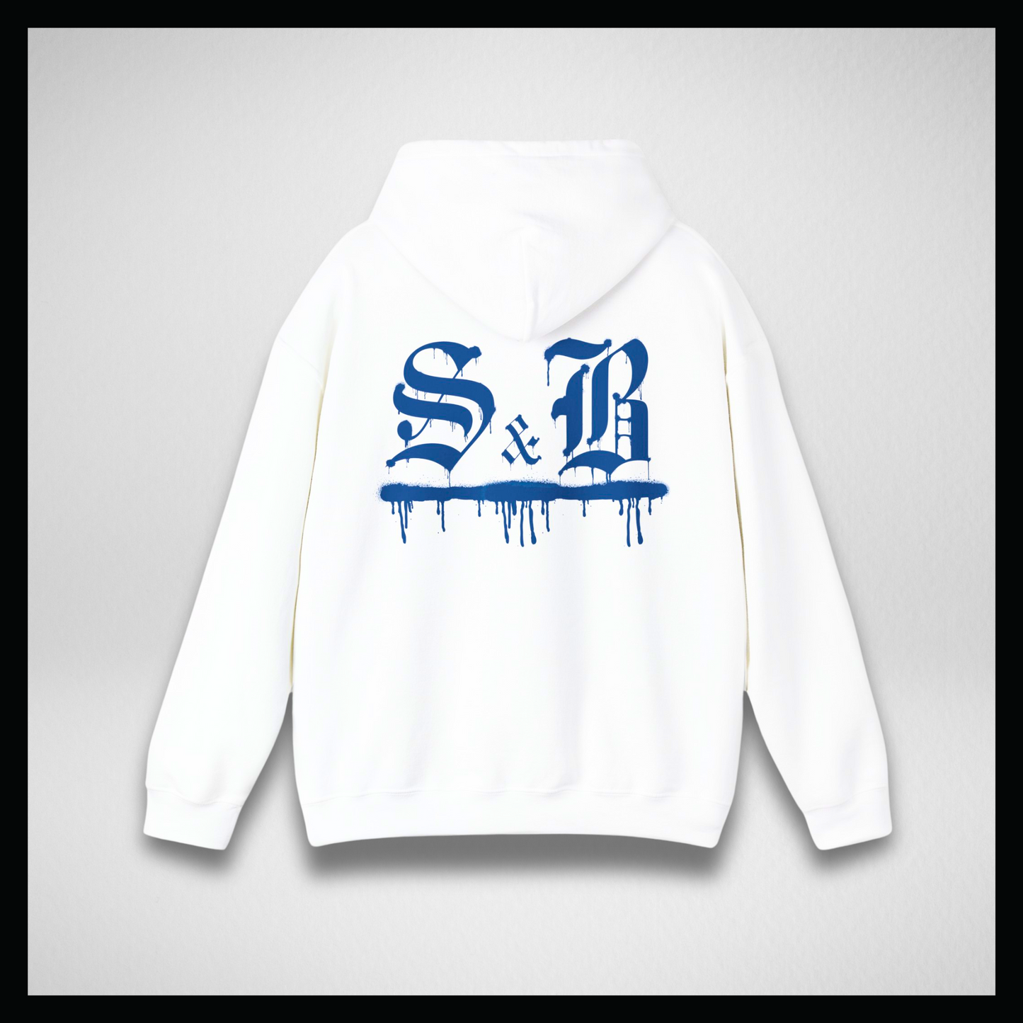 White hoodie, Blue graffiti logo