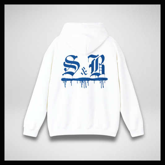 White hoodie, Blue graffiti logo