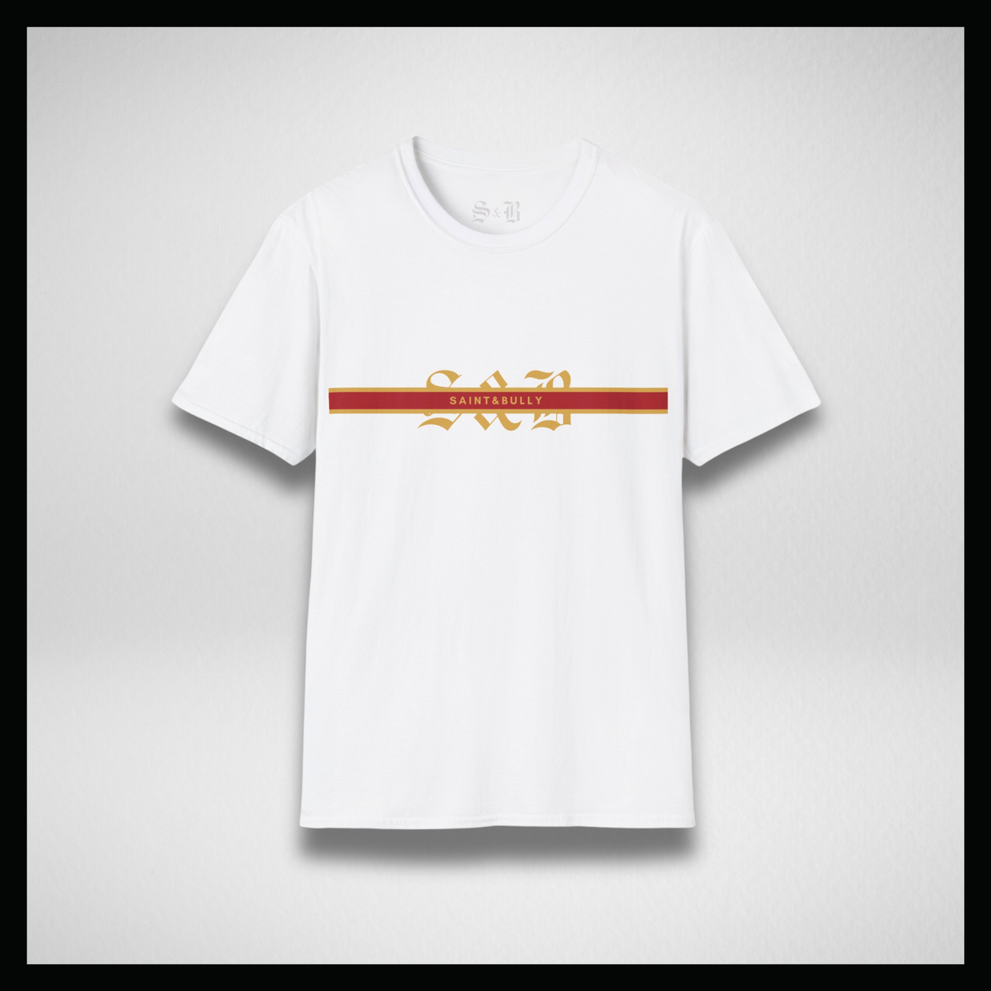 White T-shirt, Gold logo and stripes