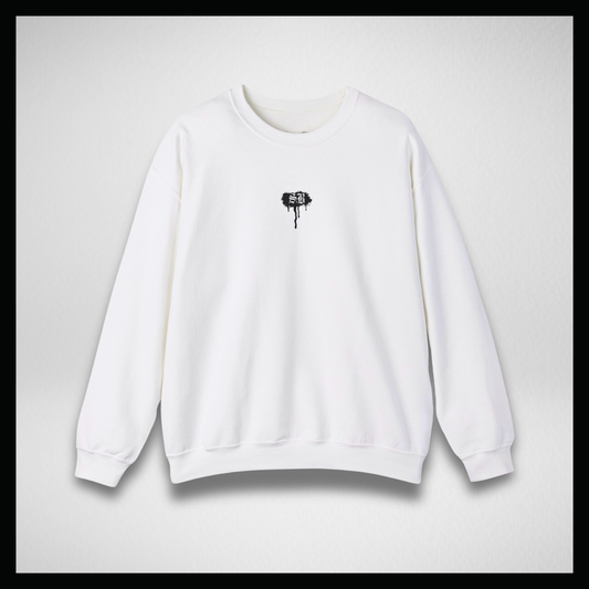 White crewneck, black paint dot