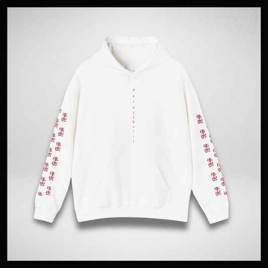 White hoodie, Red logo sleeves and back