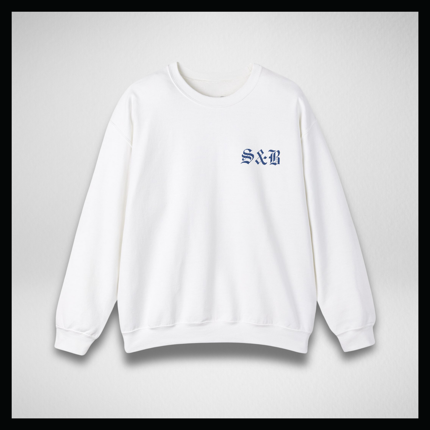 White crewneck, Embroidery blue classic logo