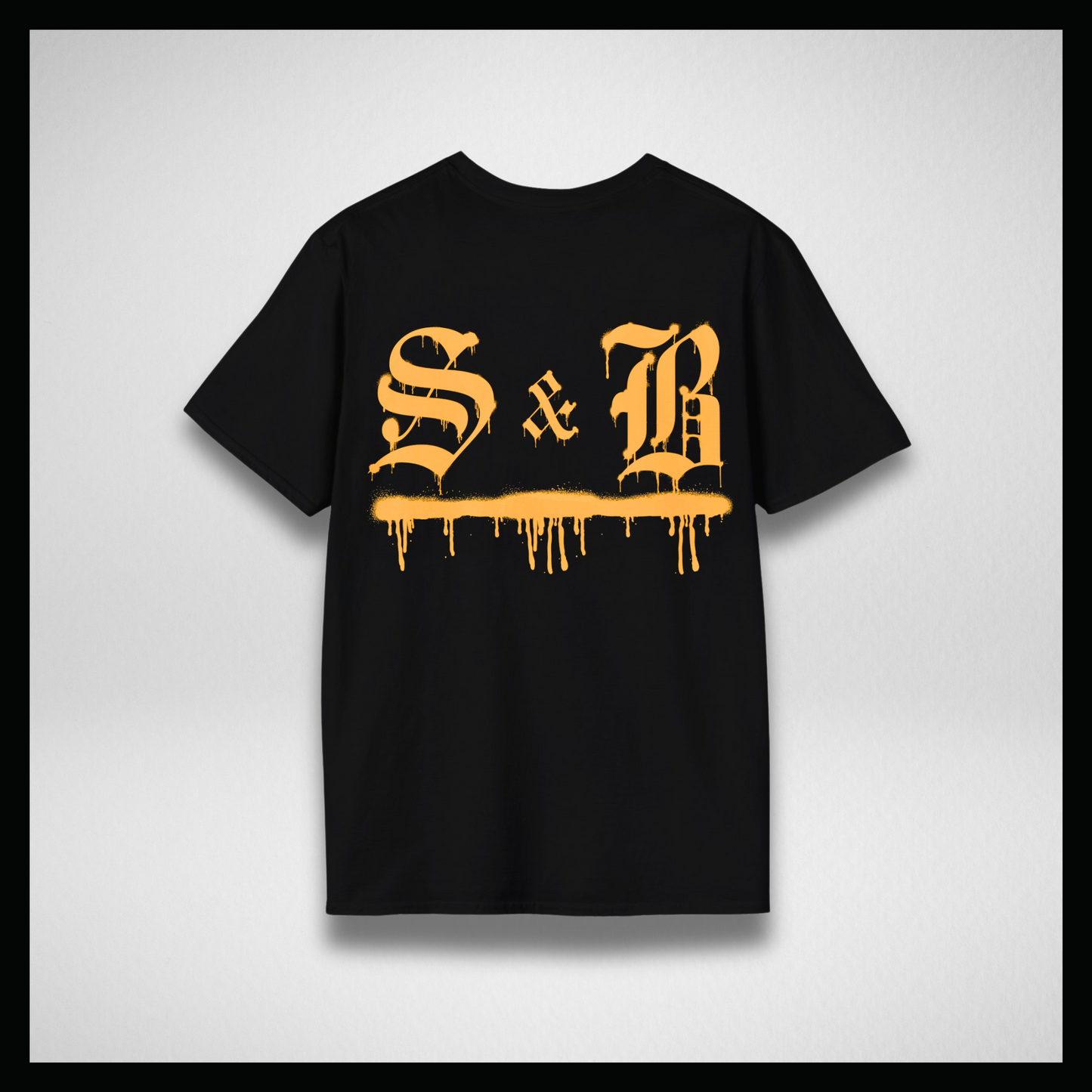 Black T-shirt, yellow graffiti logo