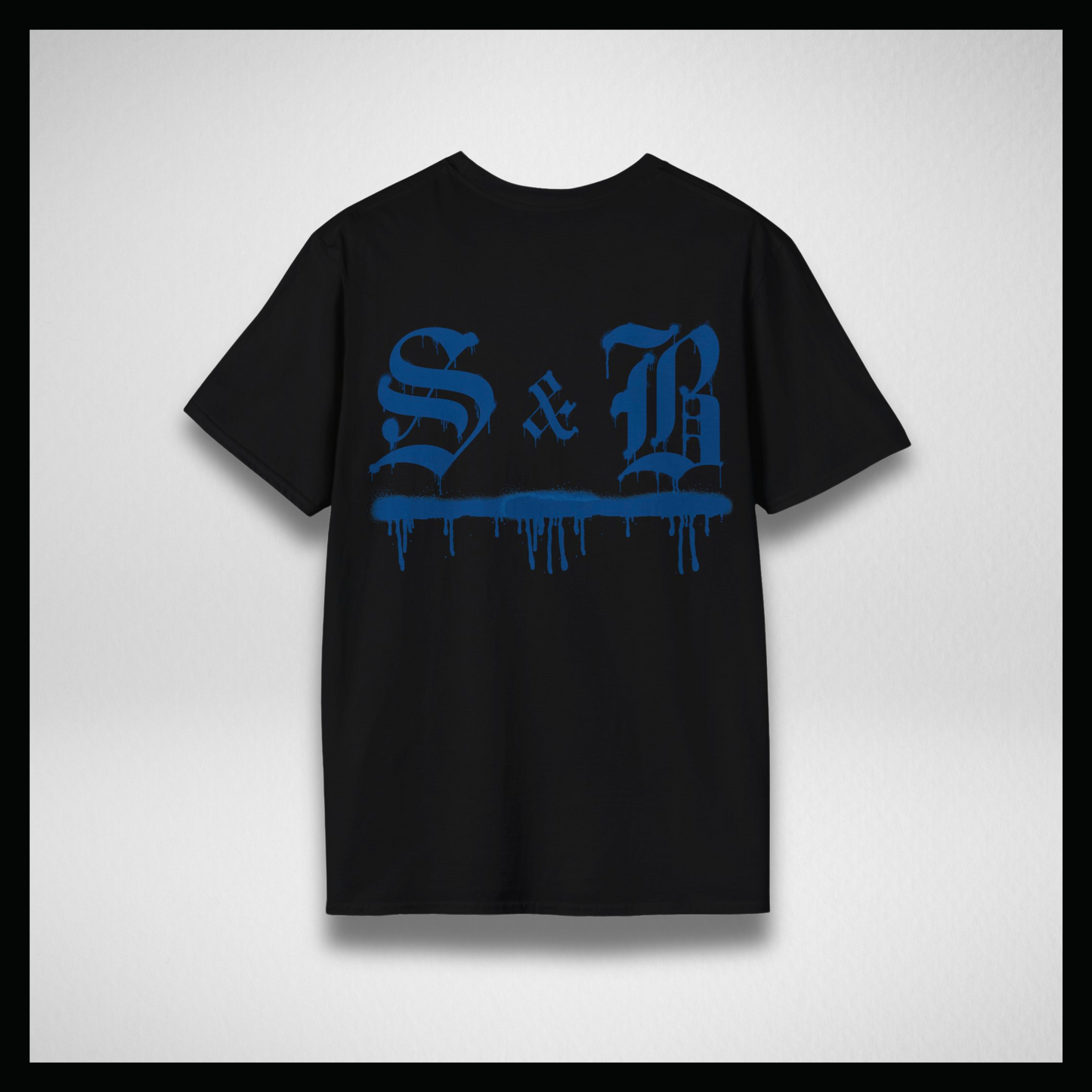 Black T-shirt, blue graffiti logo