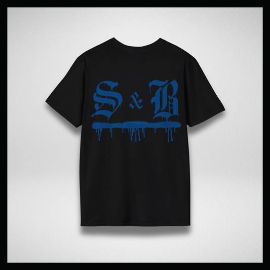 Black T-shirt, blue graffiti logo