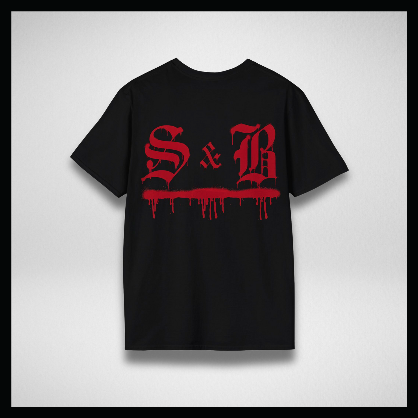 Black T-shirt, red graffiti logo