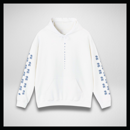 White hoodie, Blue logo sleeves and back