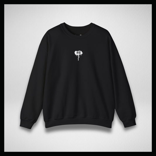 Black crewneck, white paint dot