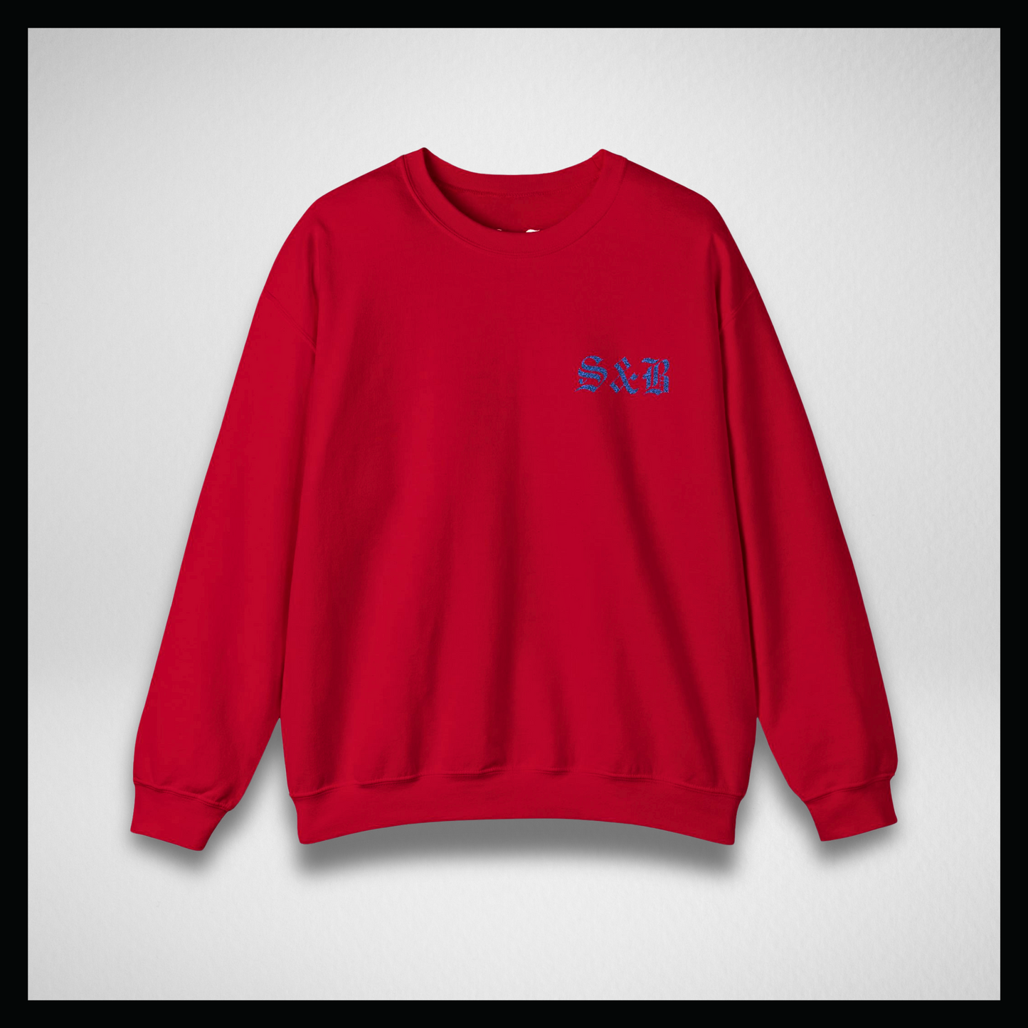 Red crewneck, Embroidery blue classic logo