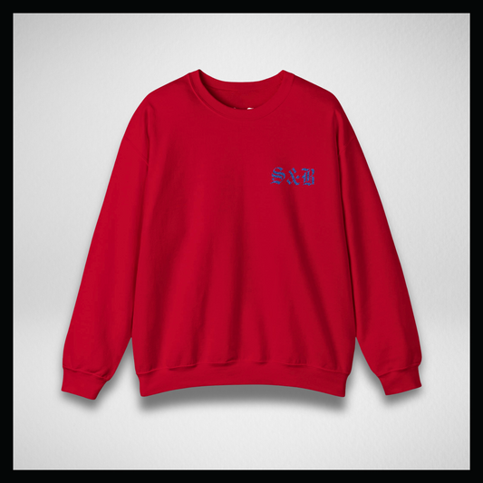 Red crewneck, Embroidery blue classic logo