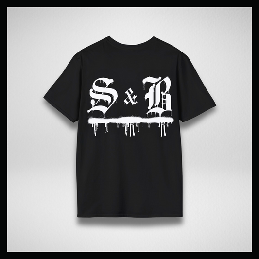 Black T-shirt, white graffiti logo