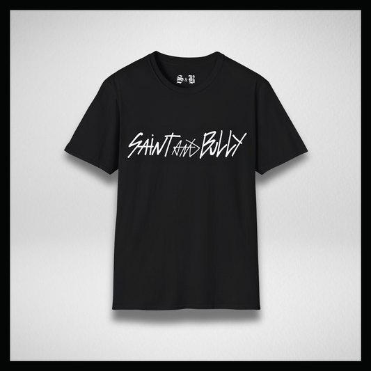 Black T-shirt, handwritten white "Saint&Bully"