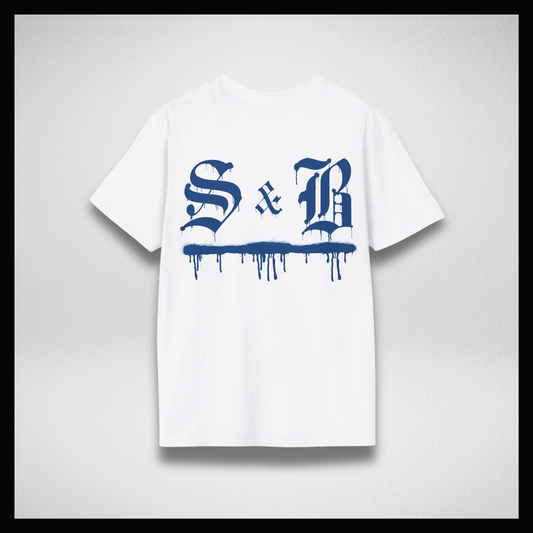 White T-Shirt, blue graffiti logo