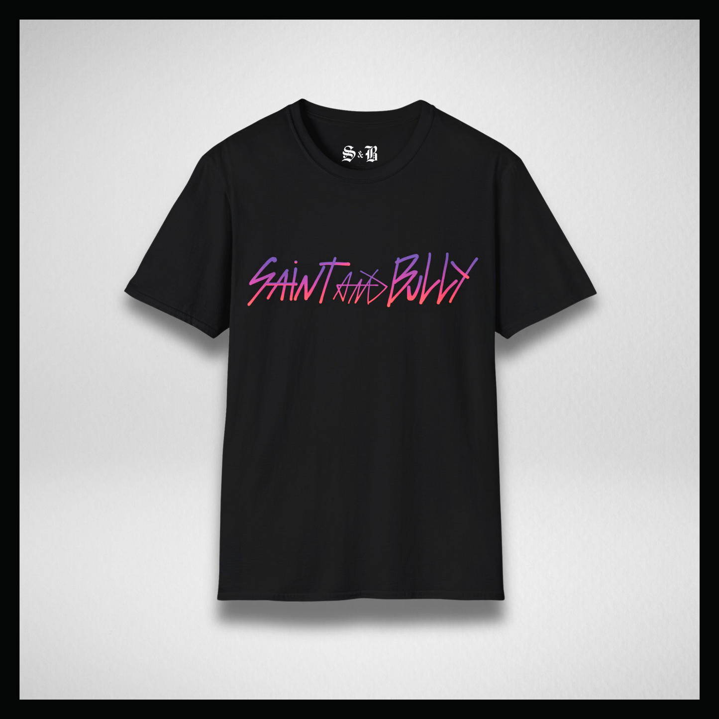 Black T-shirt, handwritten sunrise "Saint&Bully"