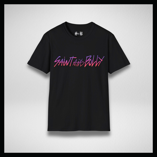 Black T-shirt, handwritten sunrise "Saint&Bully"