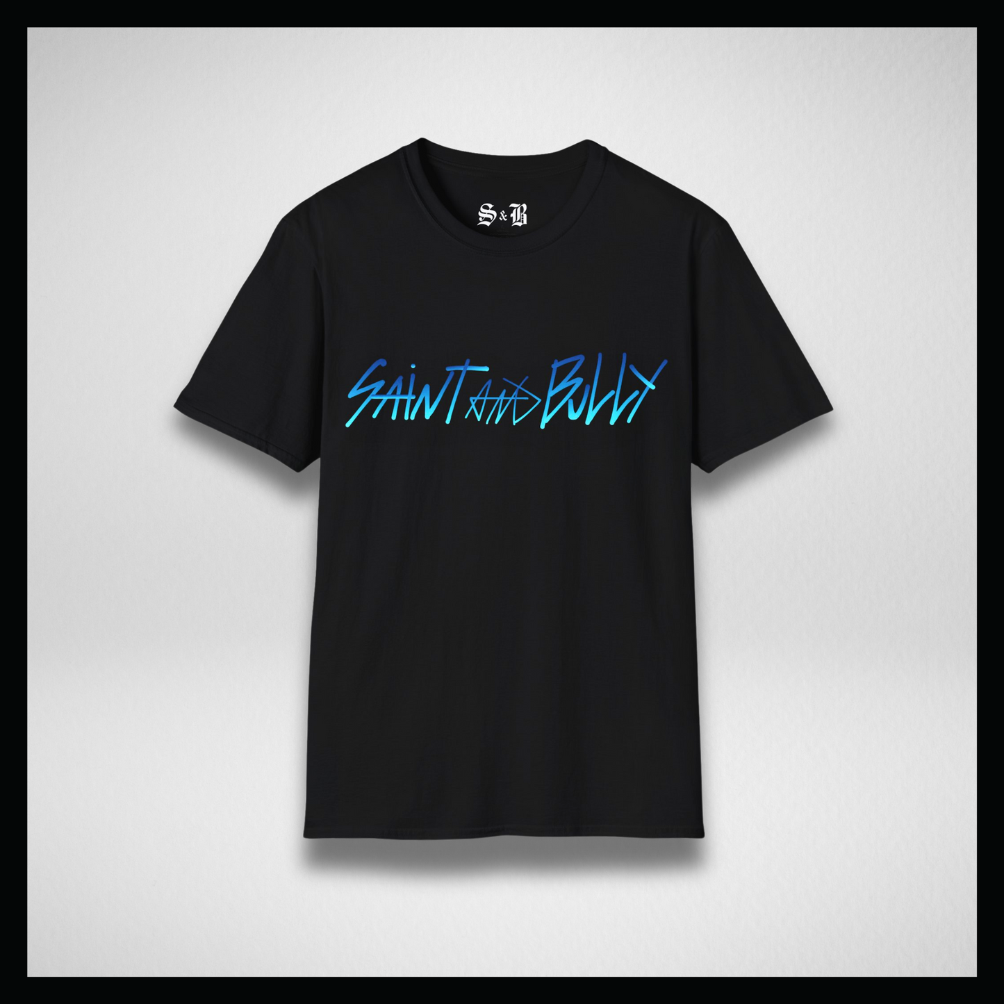 Black T-shirt, handwritten deep blue "Saint&Bully"