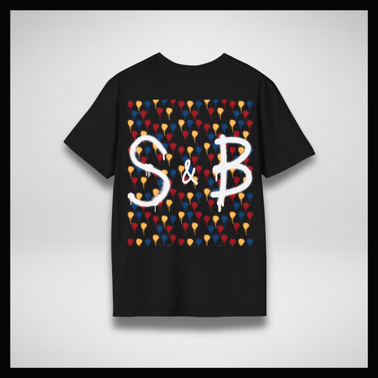 Black T-shirt, Red, yellow and blue paint dot