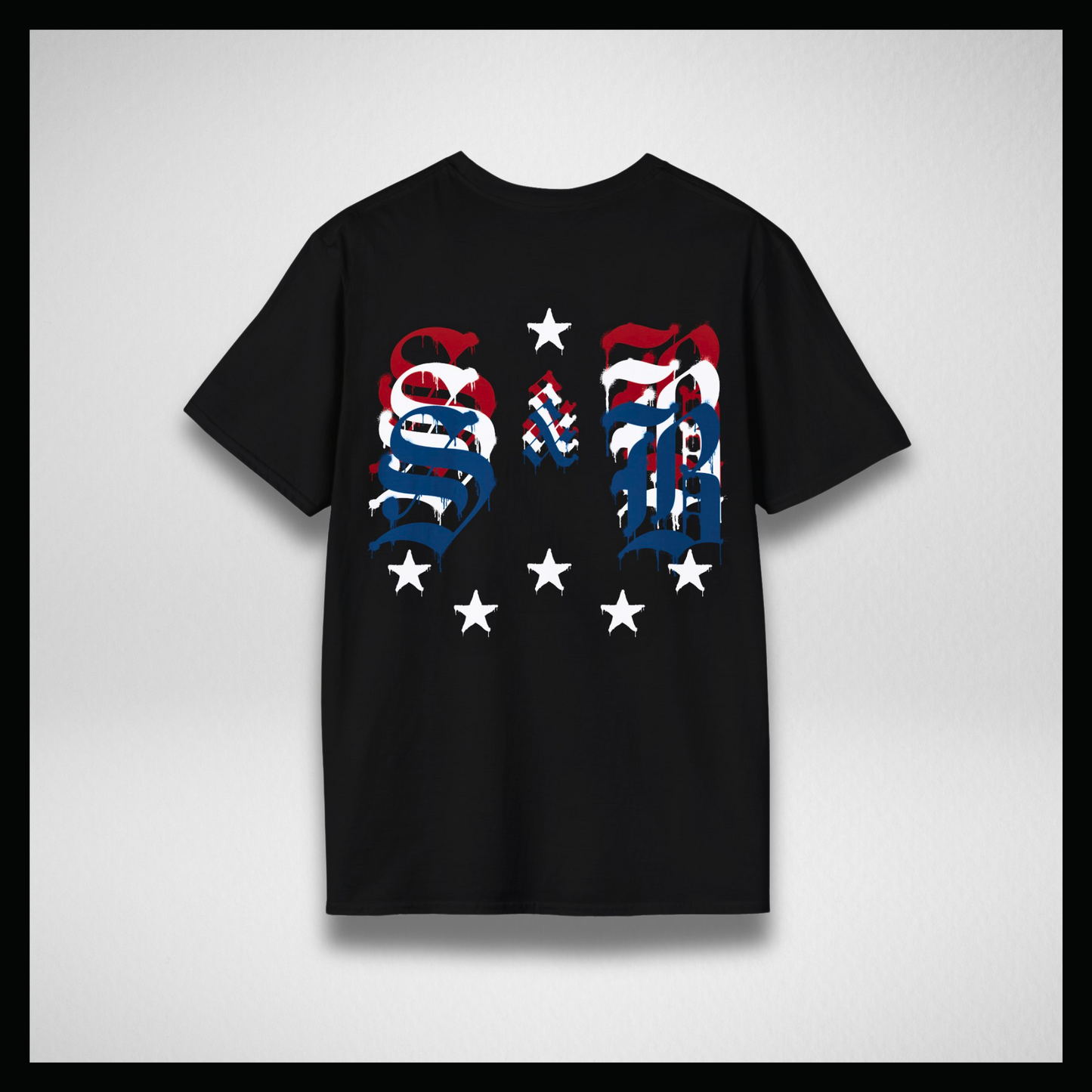 Black T-shirt, American flag colors logo