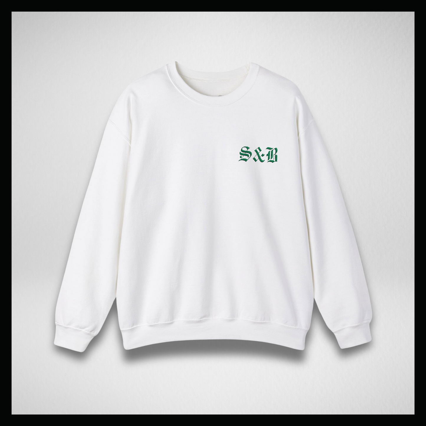 White crewneck, Embroidery green classic logo