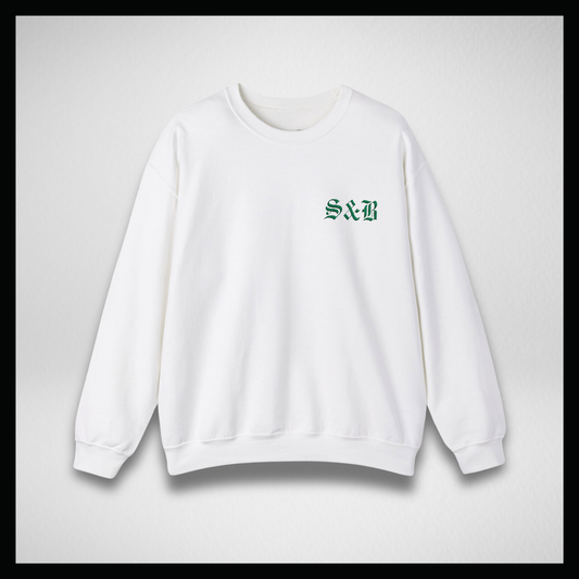 White crewneck, Embroidery green classic logo