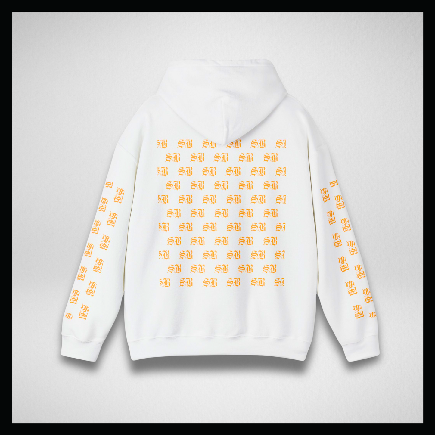 White hoodie, Yellow logo sleeves and back