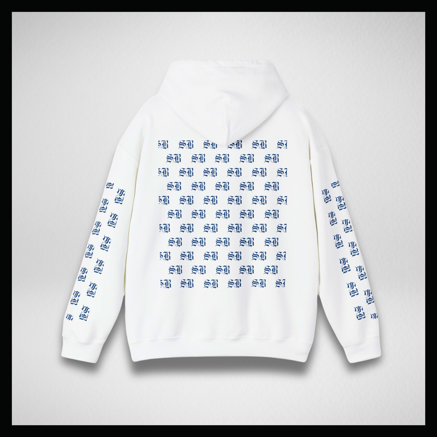 White hoodie, Blue logo sleeves and back