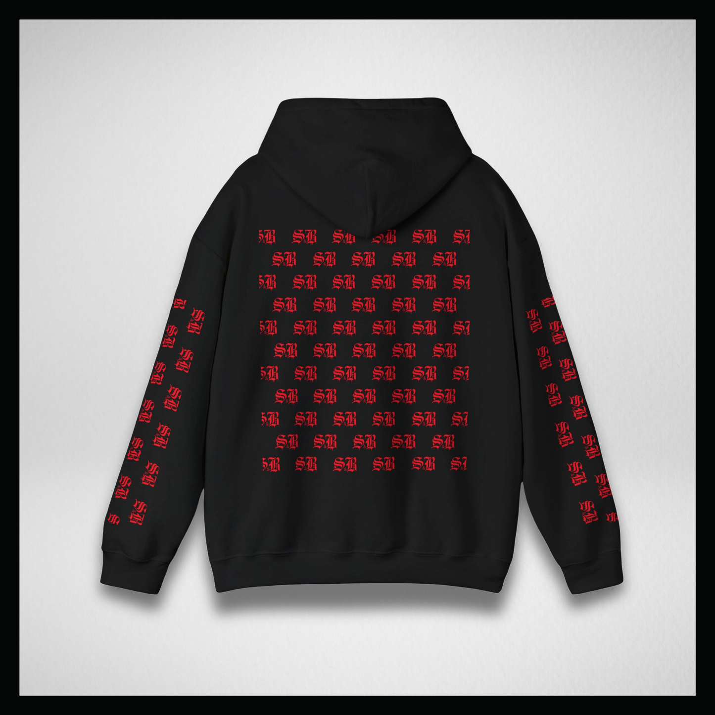 Black hoodie, Red logo sleeves and back