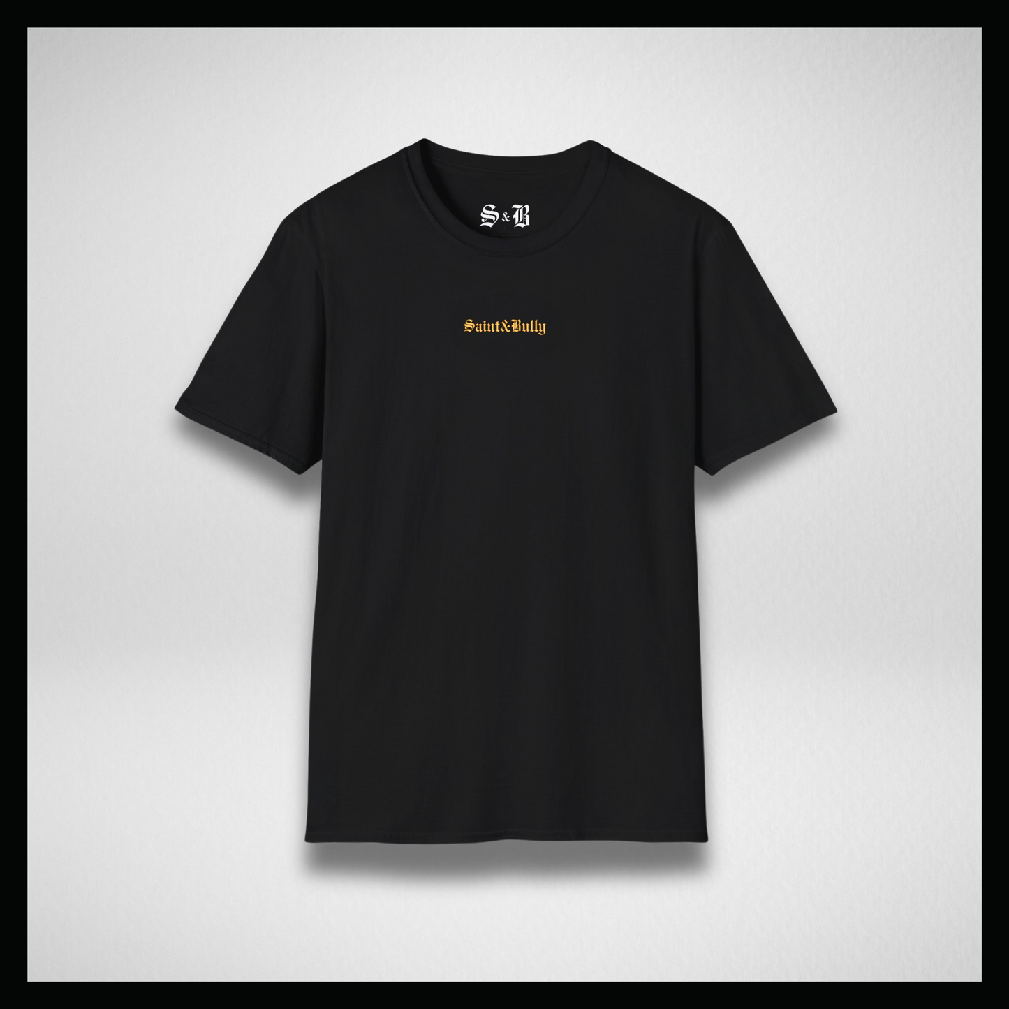 Black T-shirt, yellow graffiti logo