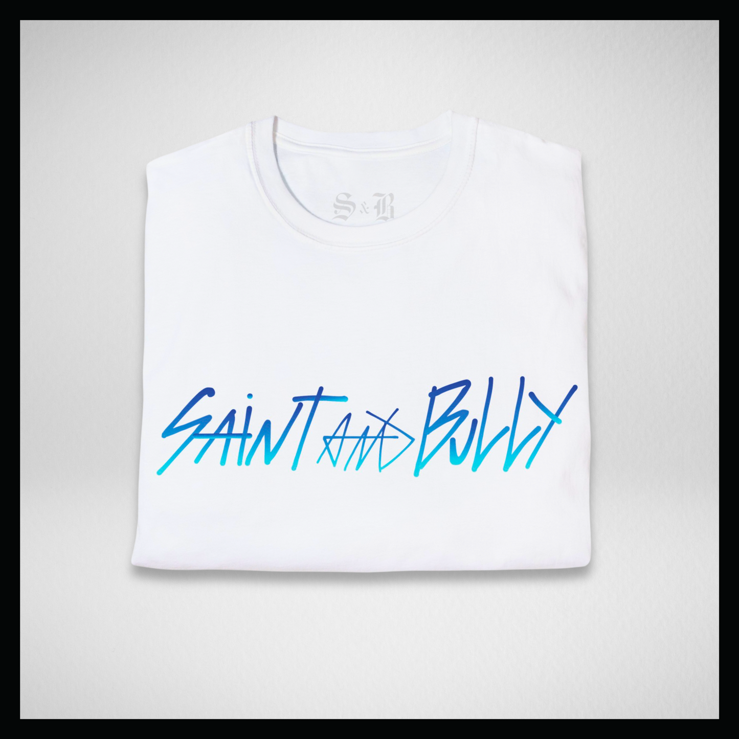 White T-shirt, handwritten deep blue "Saint&Bully"