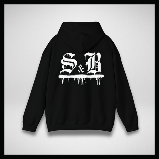 Black hoodie, White graffiti logo