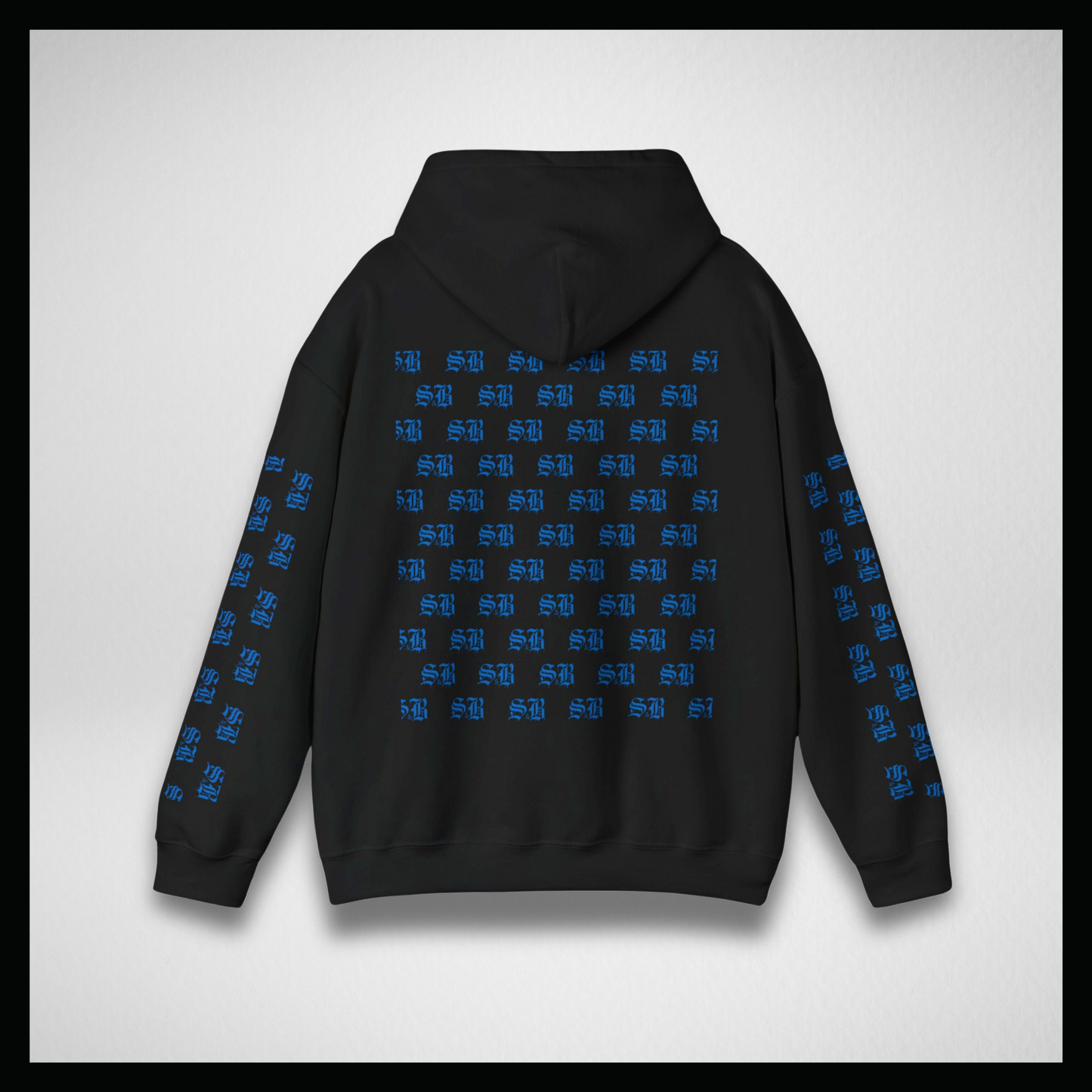 Black hoodie, Blue logo sleeves and back