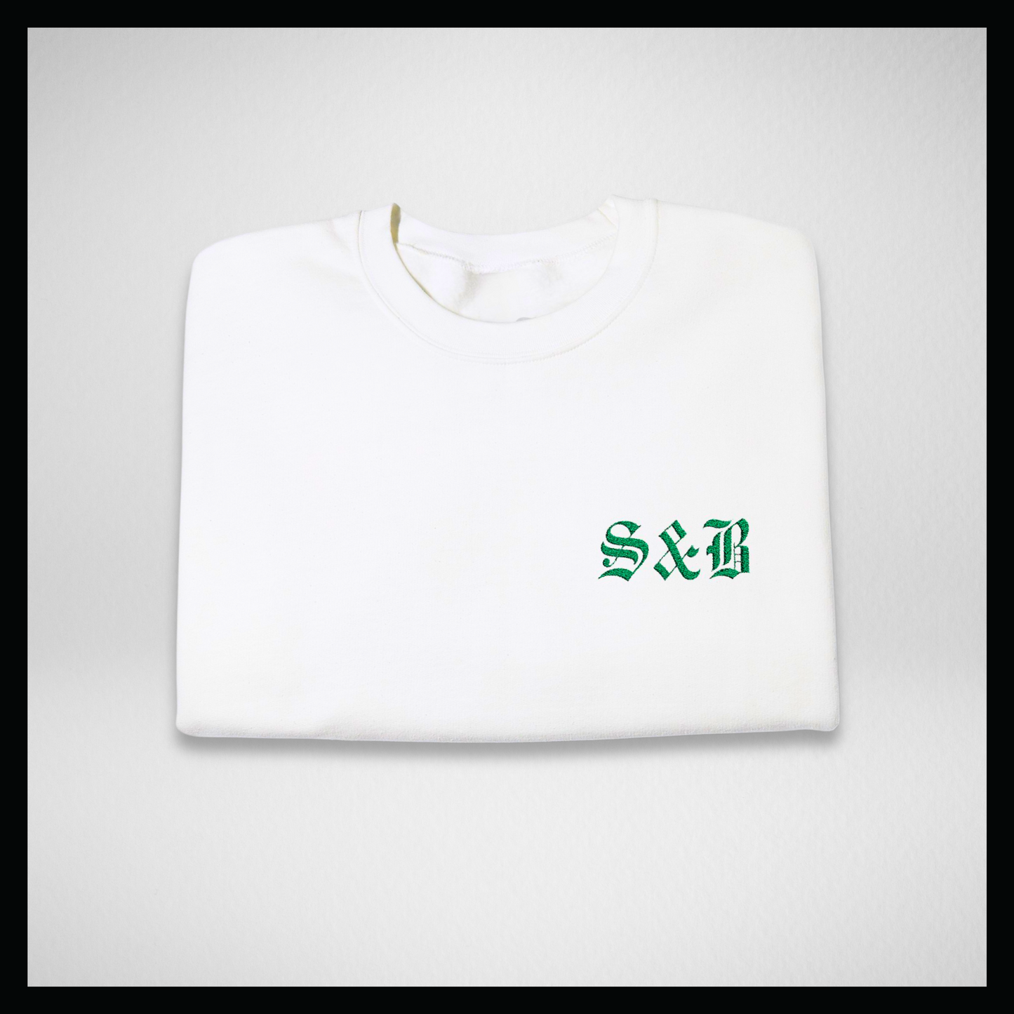 White crewneck, Embroidery green classic logo