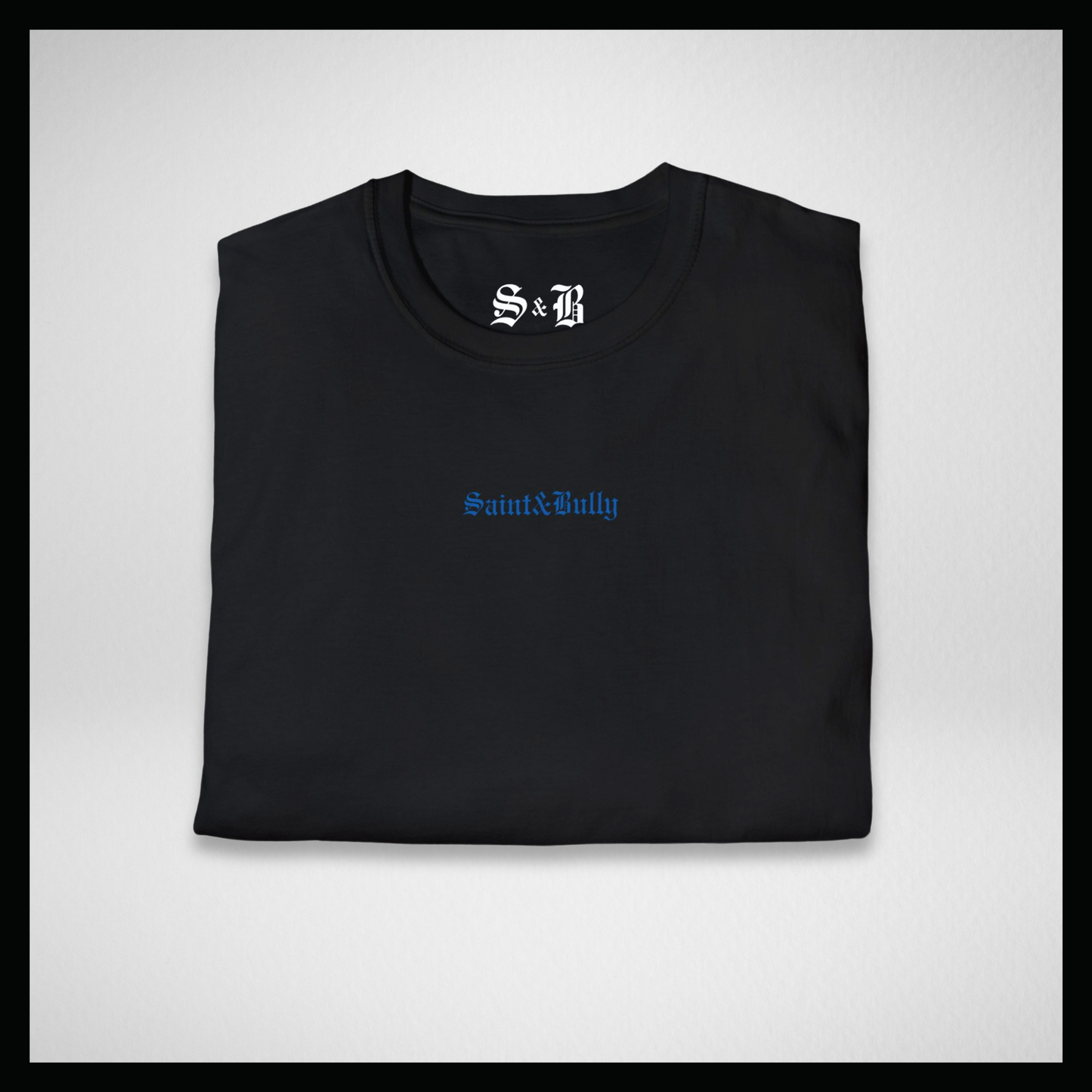 Black T-shirt, blue graffiti logo