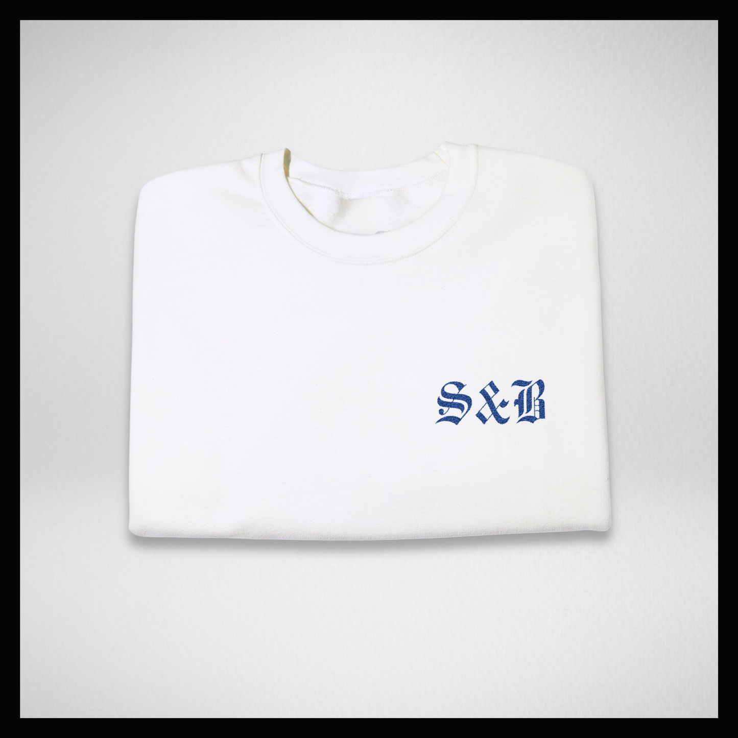 White crewneck, Embroidery blue classic logo