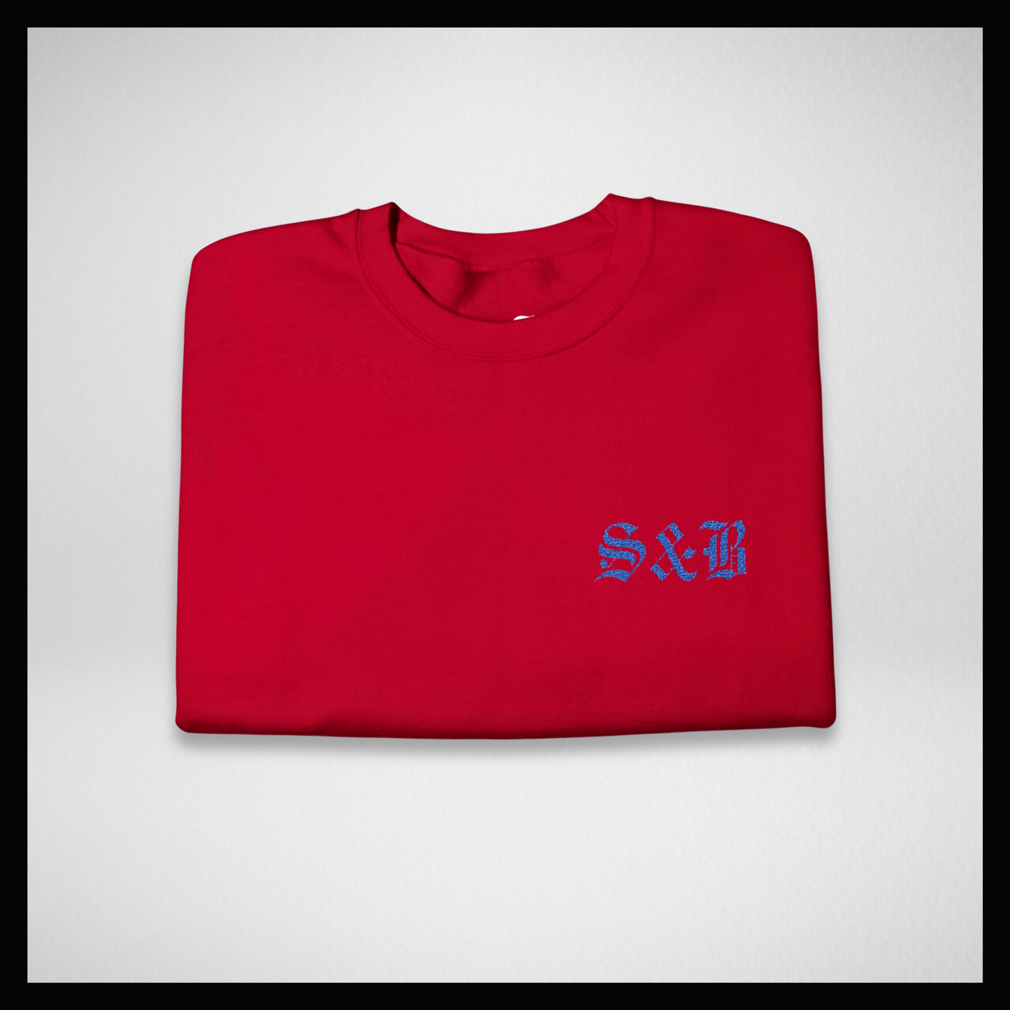 Red crewneck, Embroidery blue classic logo